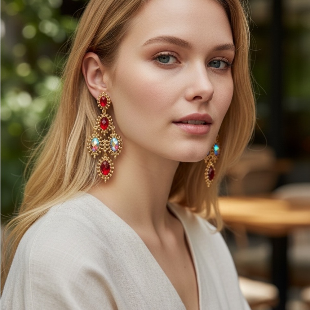 Elegant Gold And Red Statement Earrings - image 1